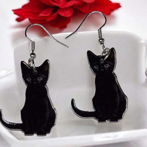Black Cat 🐈‍⬛ Earrings Gothic Dangle Shiny Acrylic Bad Luck Kitty Cute Creepy - Picture 6 of 9